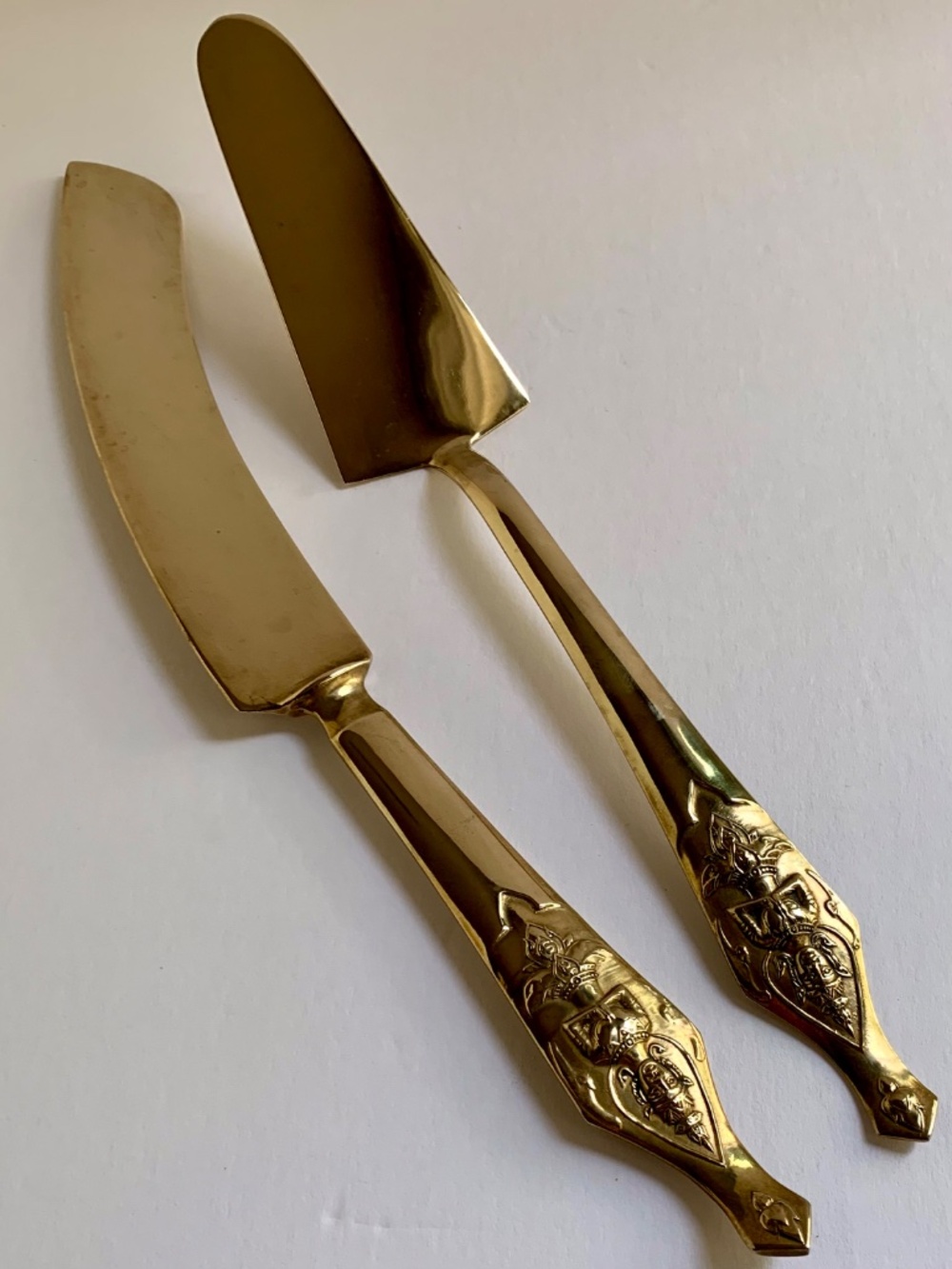 Vintage Thai Brass Cake Knife & Server Set | Ornate Figural Handles Wedding